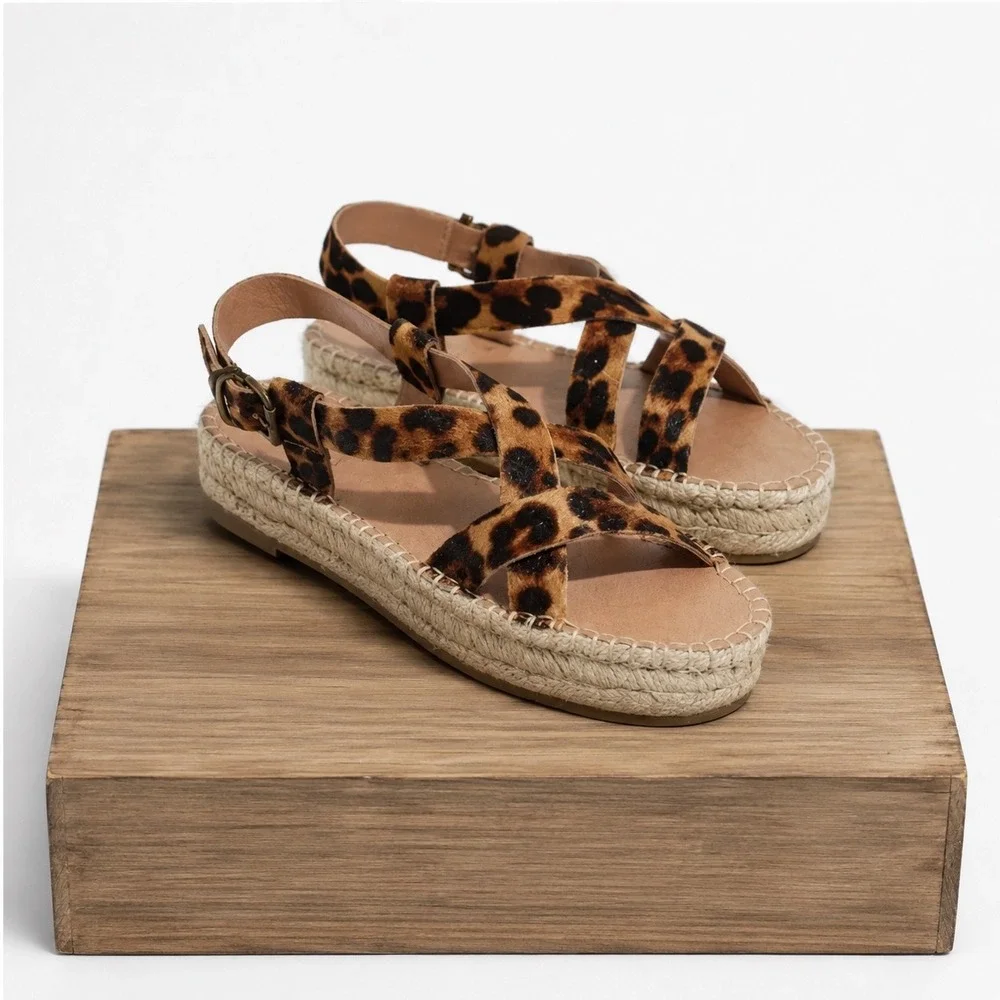 Madewell Boardwalk Leopard Calf Hair Espadrille Sandals Womens Size 8.5 Brown